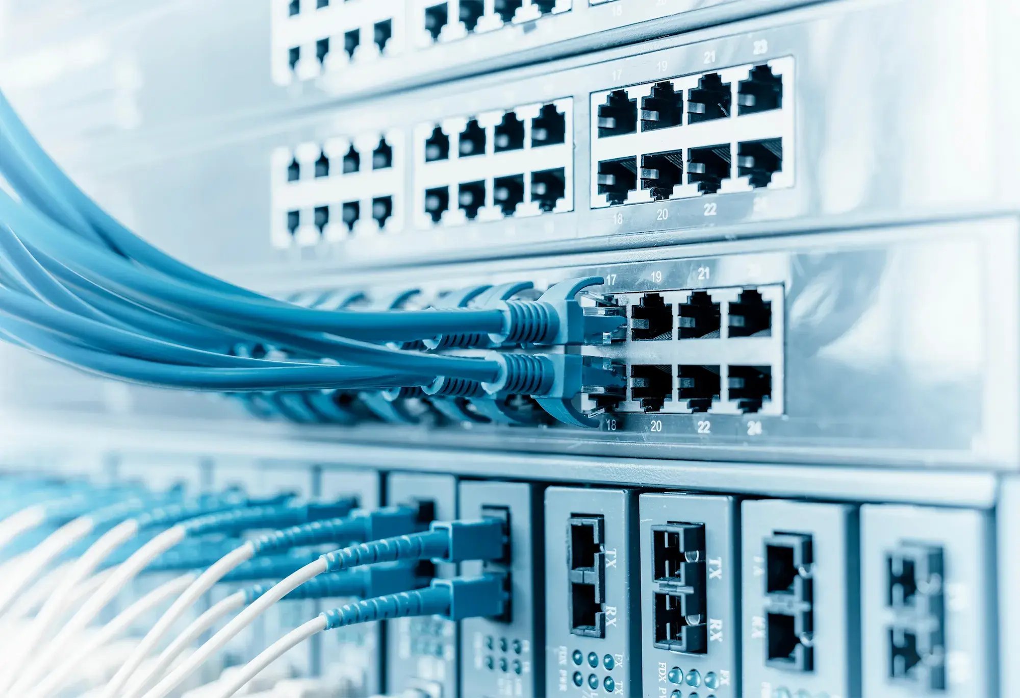 Ensemble de fils Ethernet branchés sur des switchs